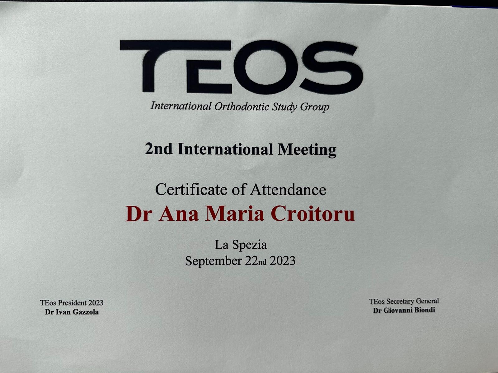Certificate of attendance for Dr Ana Maria Croitoru from the 2nd International TEOS meeting in La Spezia, 2023.