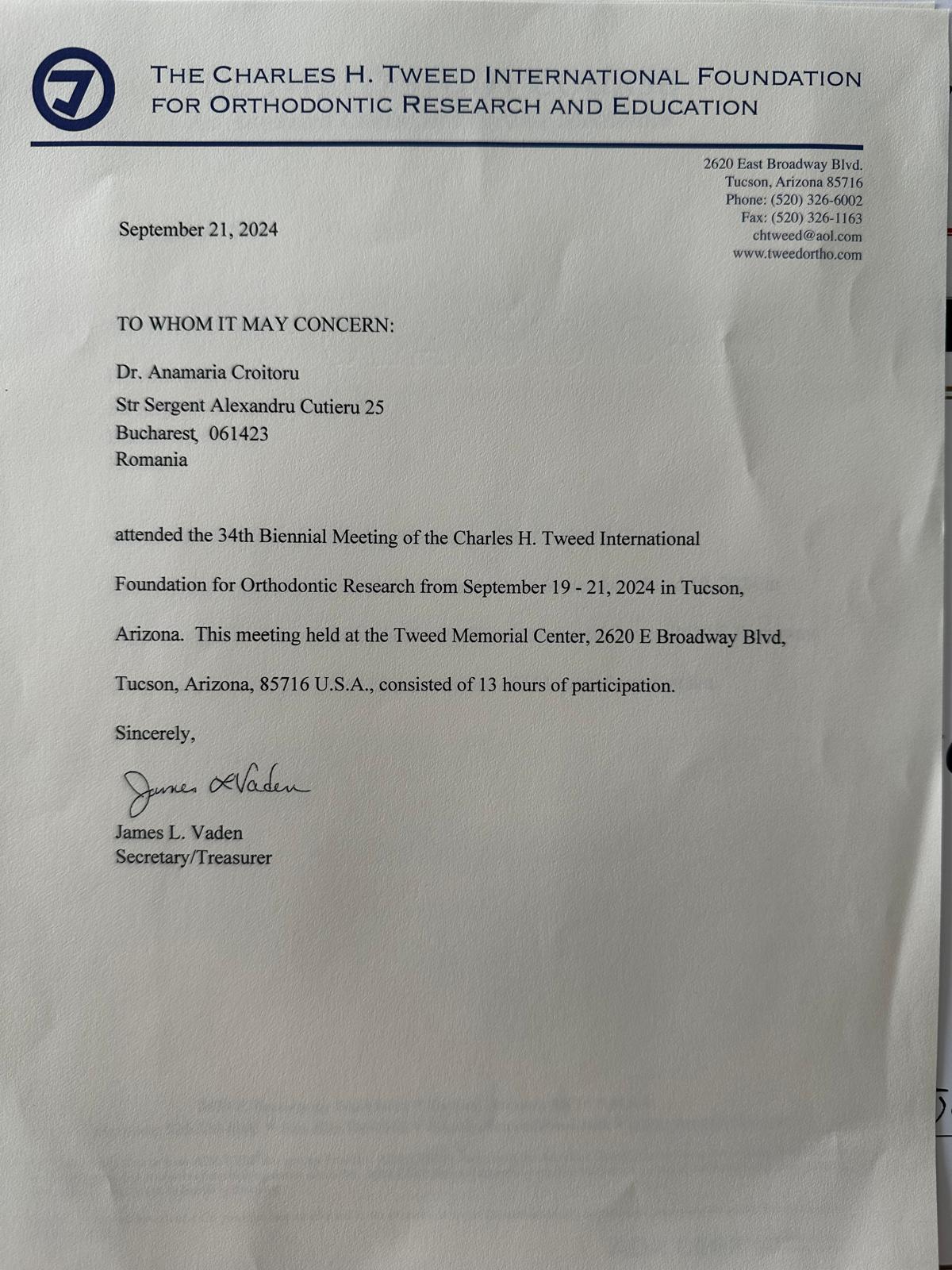 Certificate stating Dr. Anamaria Croitoru attended the 34th Biennial Tweed Orthodontic Research meeting in Tucson.