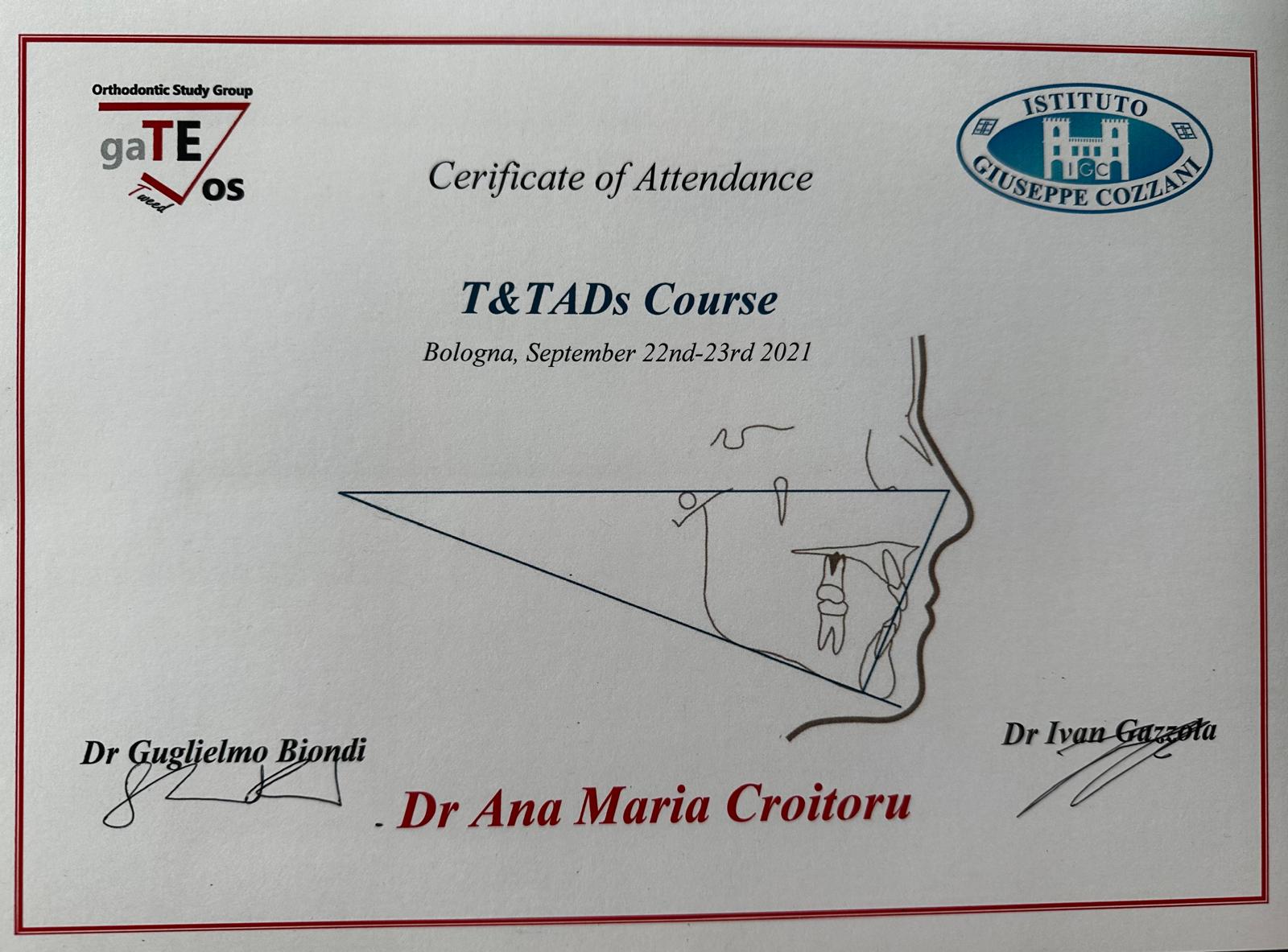 Certificate of attendance for T&TADs Course in Bologna, September 2021, signed by Drs. Biondi and Gazzola.