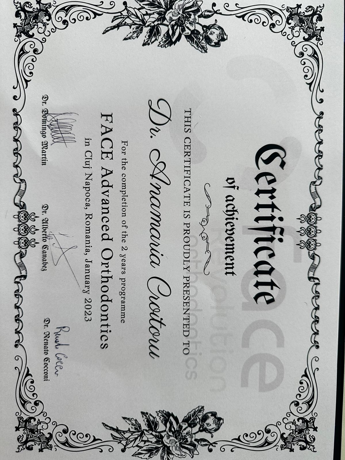 Certificate of achievement for Dr. Anamaria Croitoru completing FACE Advanced Orthodontics in 2023.