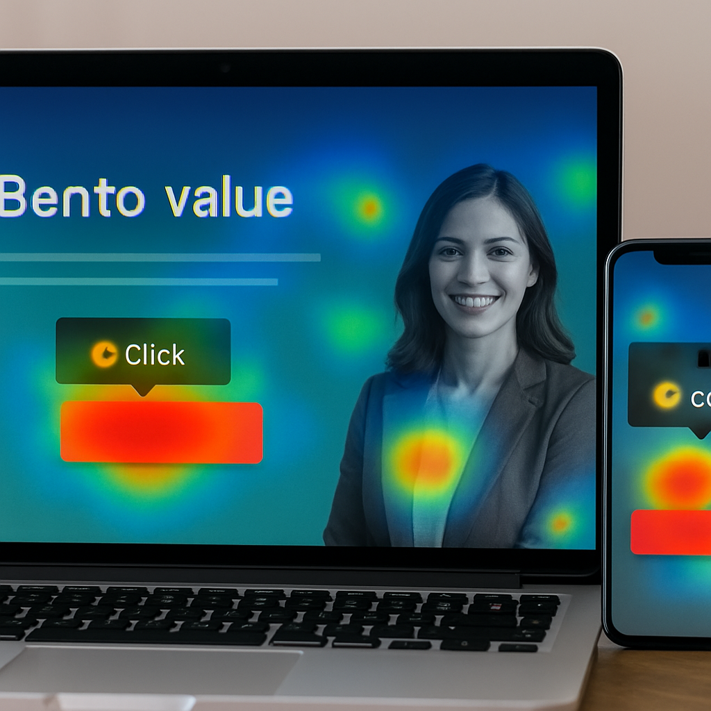 Photo realistic image of a website hero section shown on desktop and mobile with a clear benefit hea