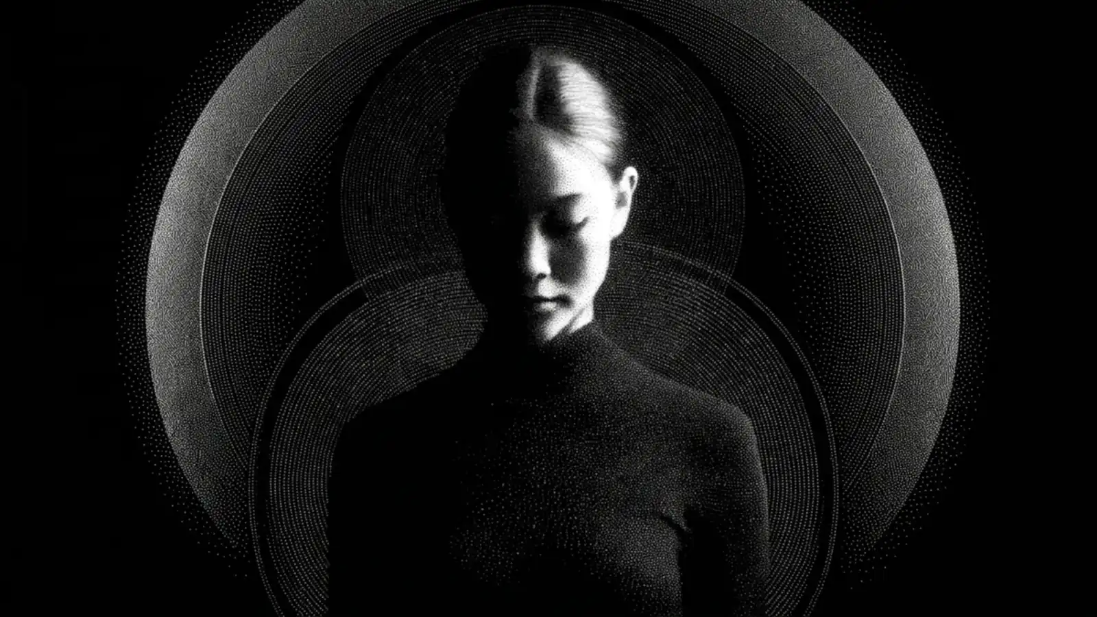 Black and white digital art of a woman with eyes closed, surrounded by concentric dotted circles.