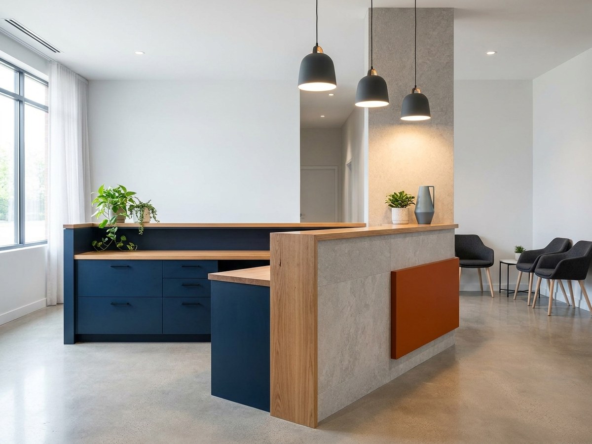 Custom reception desk and millwork in modern office