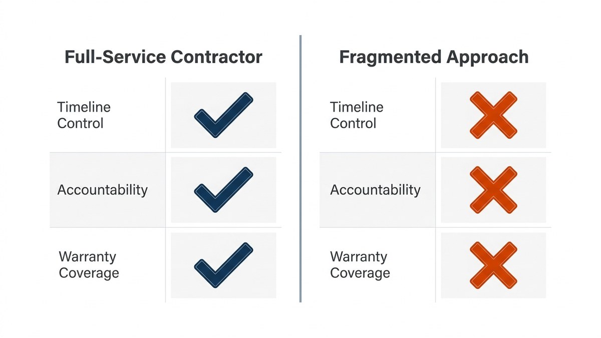 Comparison table showing full-service contractor versus fragmented subcontractor approach across timeline, accountability, and warranty dimensions