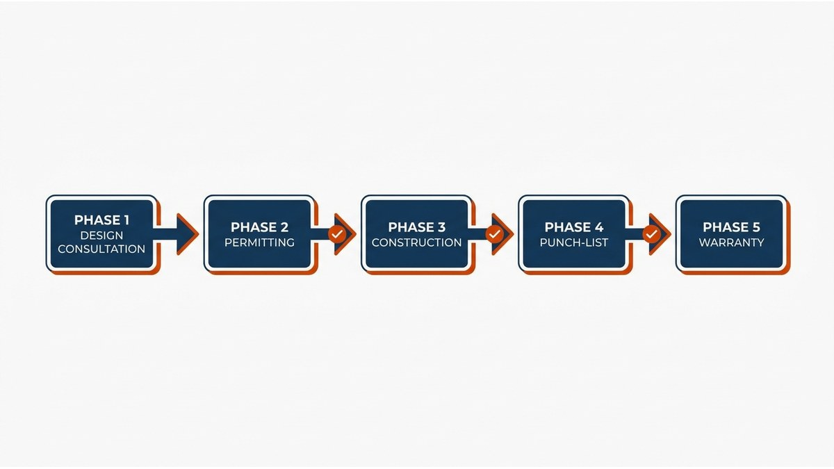 Project timeline flowchart showing five phases of lease improvement from design through warranty with milestone markers
