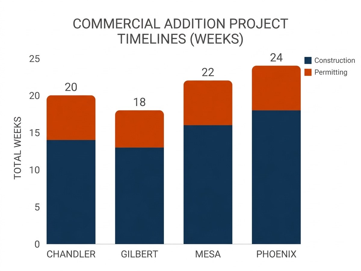 Bar chart comparing typical commercial addition timelines across East Valley jurisdictions showing permitting and construction phases