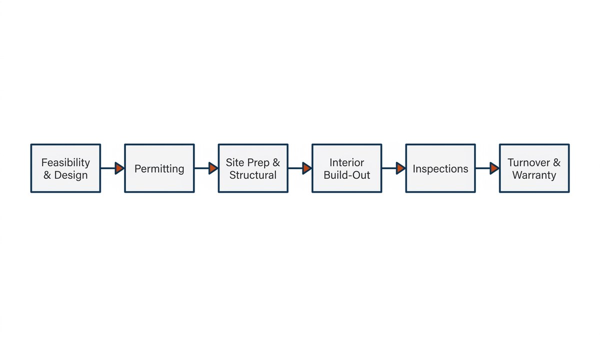 Diagram showing LJ Builders full-service commercial addition process from feasibility through warranty