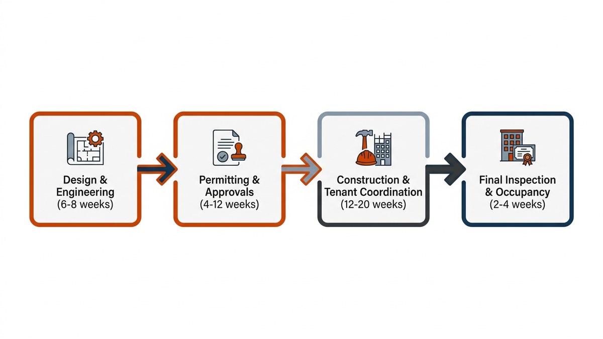 Timeline flowchart showing four phases of commercial addition project from design through occupancy
