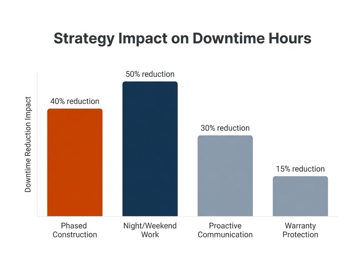 Bar chart showing downtime reduction strategies: phased construction, night/weekend work, tenant communication plans, and warranty protection