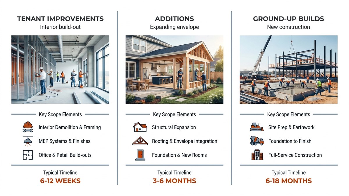 Comparison diagram showing three commercial expansion pathways: tenant improvements, additions, and ground-up builds, with timeline and scope differences labeled