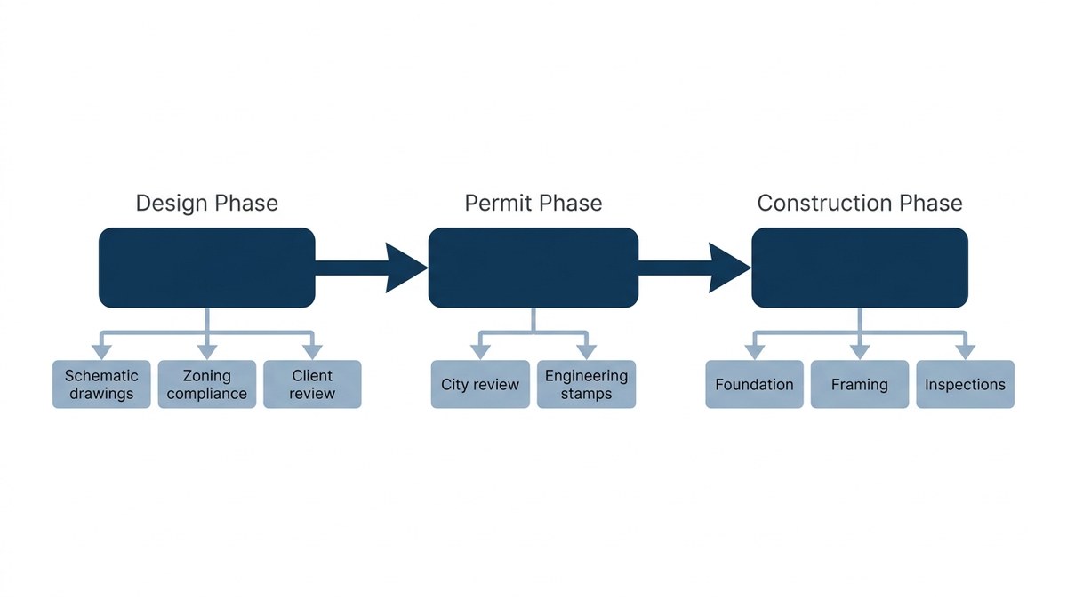 Diagram showing three parallel tracks: design consultation, permit submission, and construction phases flowing left to right