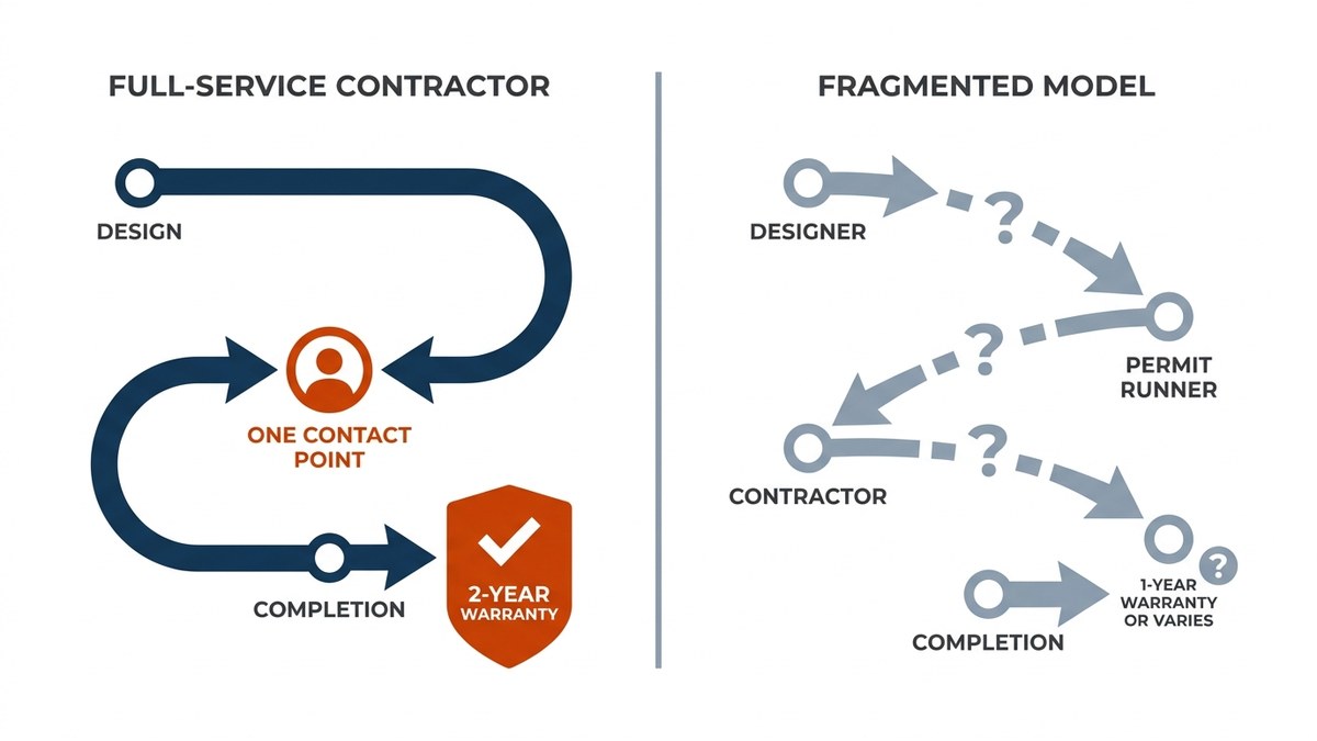 Comparison chart showing full-service contractor vs. fragmented model: timeline, accountability, warranty duration