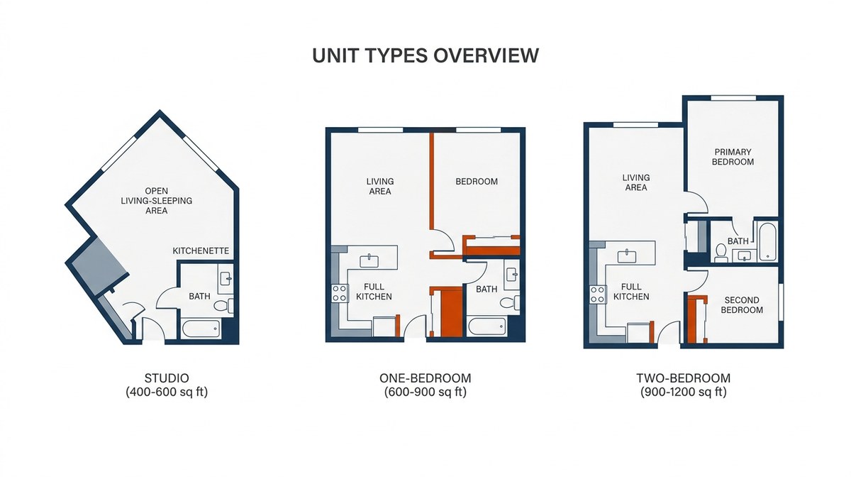 Floor plan diagram showing three casita layouts: studio, one-bedroom, two-bedroom with labeled rooms and dimensions