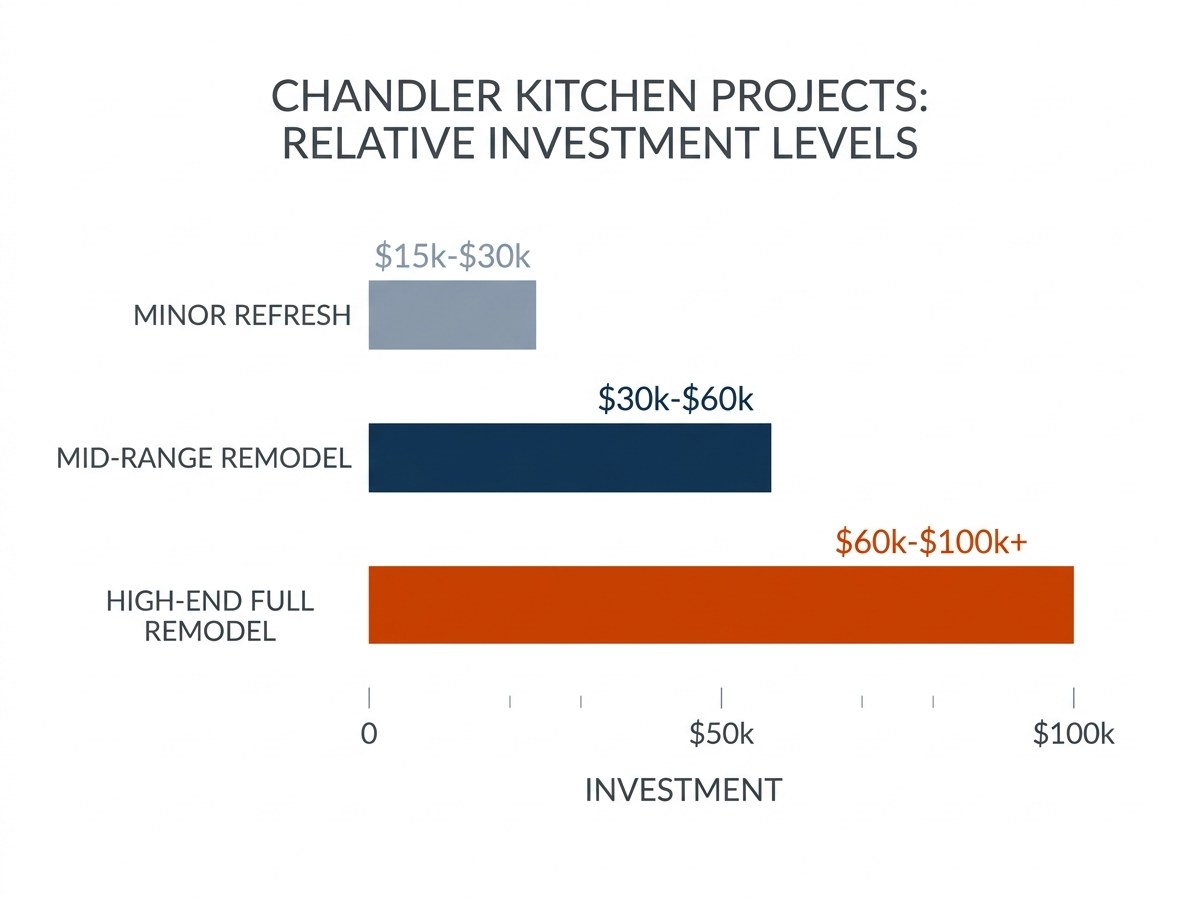 Bar chart comparing kitchen remodel cost tiers in Chandler with labeled budget ranges