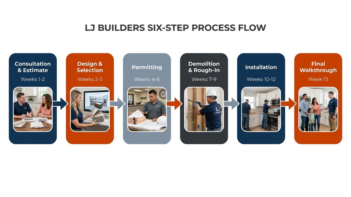 Flowchart showing six sequential phases of kitchen remodel from consultation to warranty