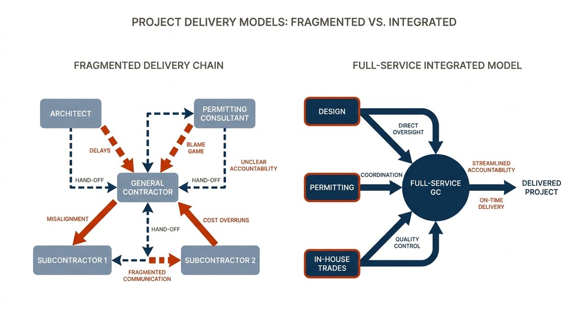 Diagram showing single-point accountability structure versus fragmented delivery chain