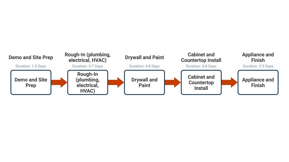 Construction workflow diagram showing kitchen remodel phases from demo through final installation