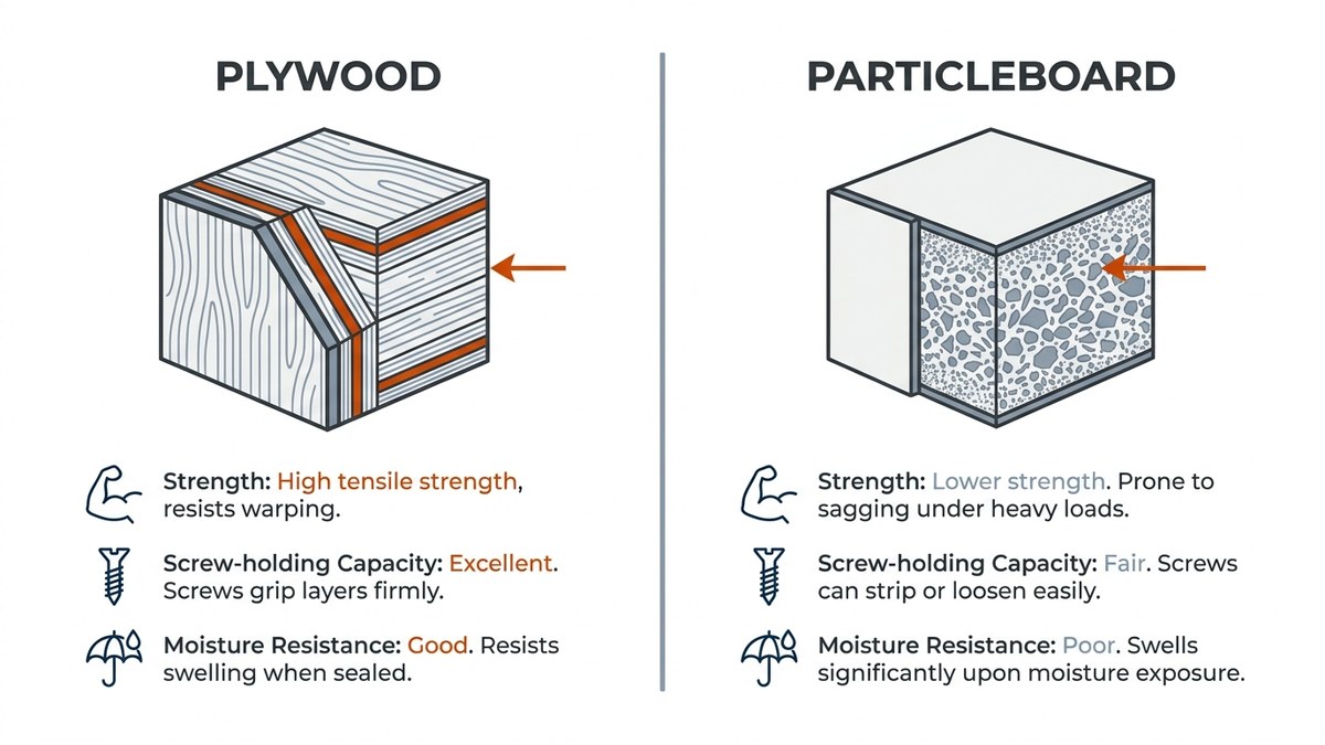 Comparison of cabinet materials showing plywood construction versus particleboard with labeled cross-sections