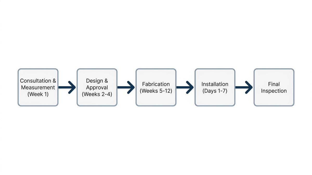 Timeline flowchart showing the custom cabinet process from consultation to installation completion