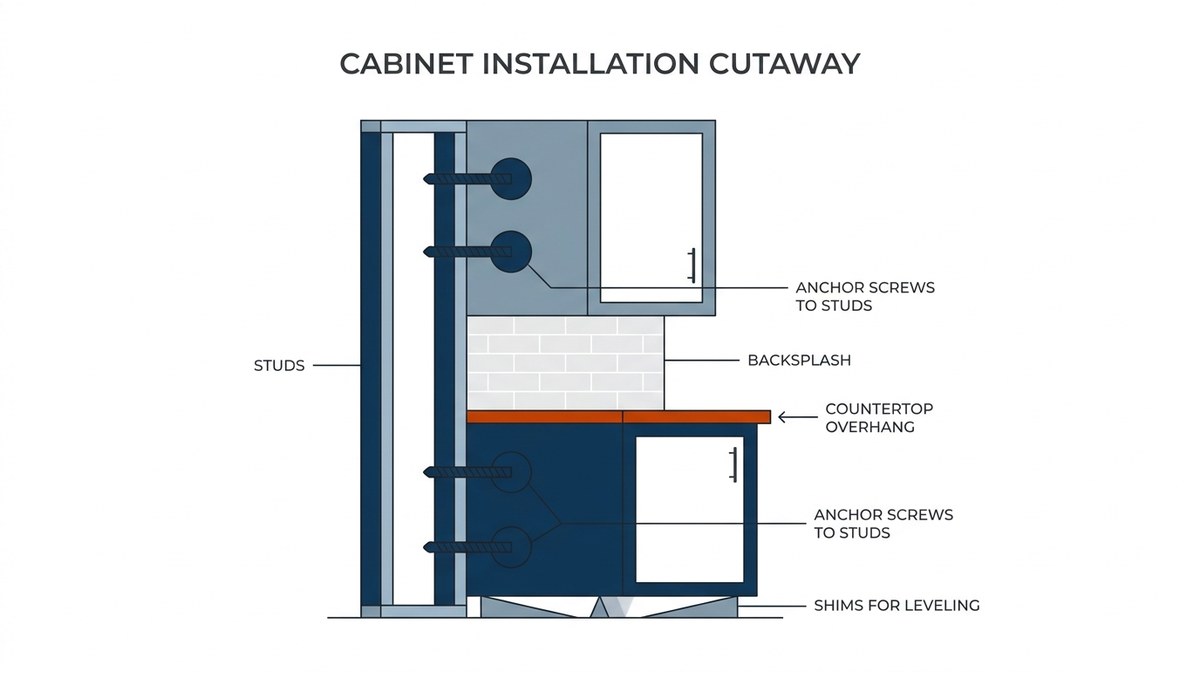 Diagram showing proper cabinet installation techniques including stud anchoring and leveling with shims