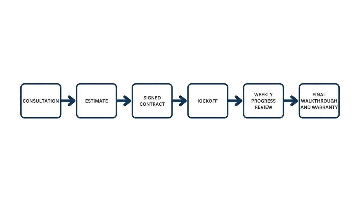 Flowchart of the remodel process from consultation to estimate, signed contract, kickoff, weekly reviews, and final walkthrough