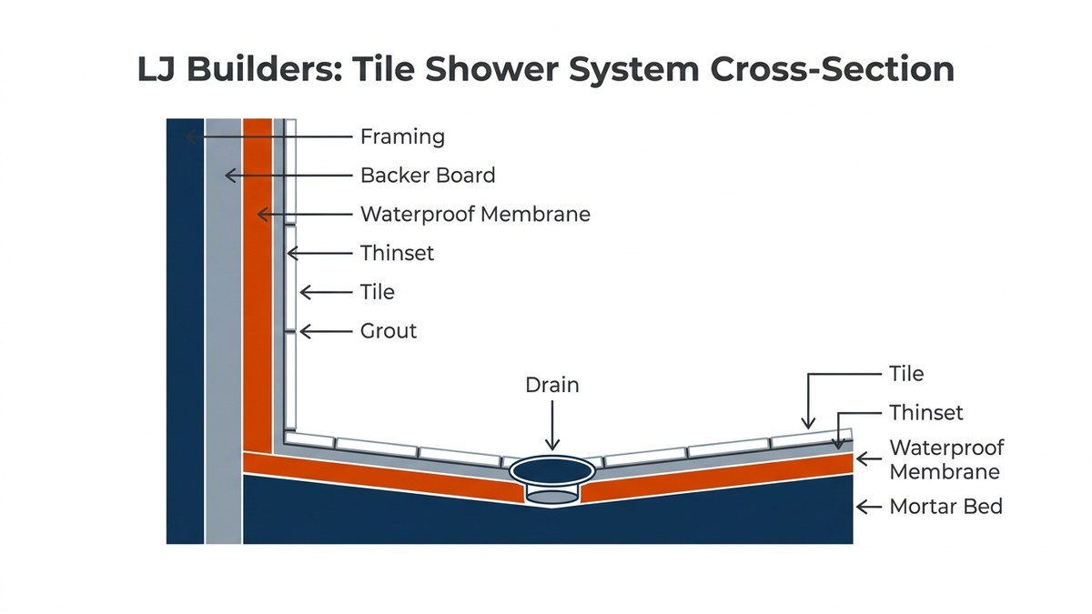 Cross-section of a tile shower wall and floor showing waterproofing membrane, sloped base, and drain