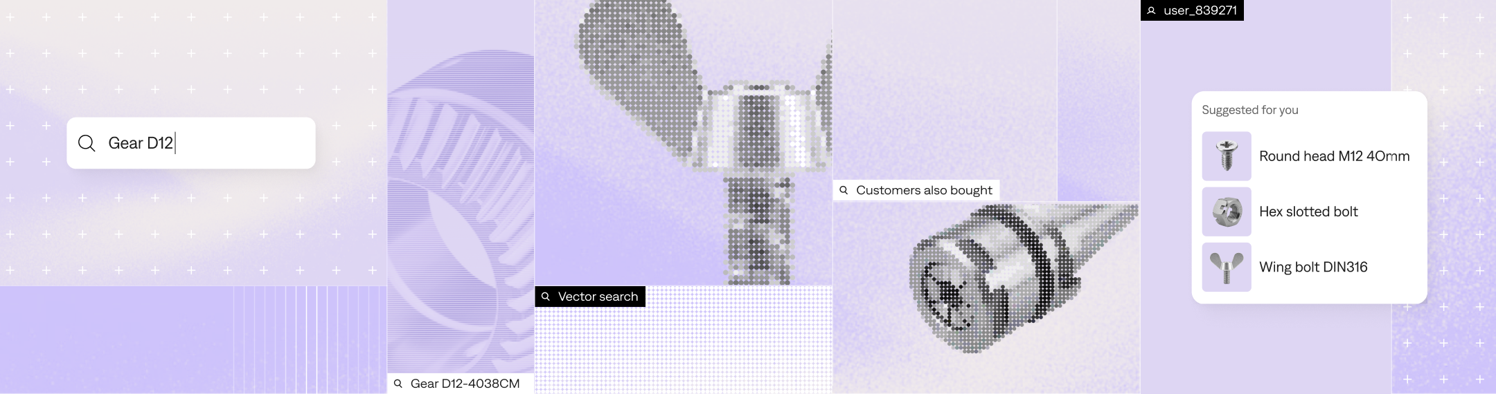 Search for Gear D12 in a shop for industrial parts, with vector search results and recommended bolts
