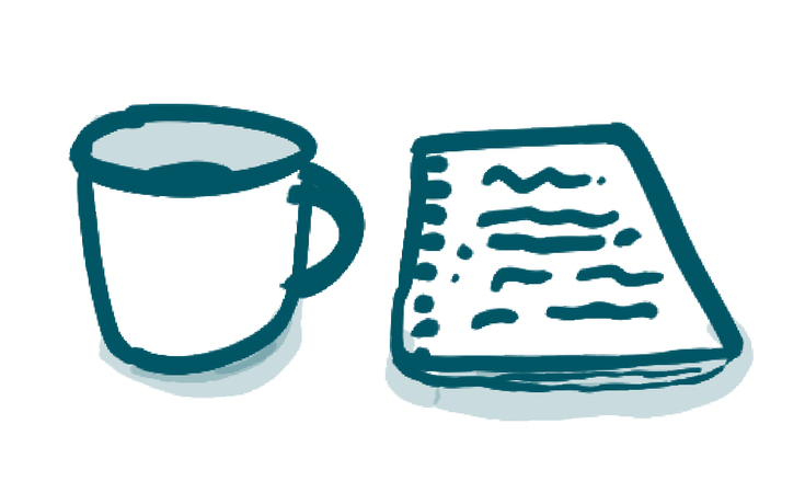 Illustration af notesbog og kaffekop