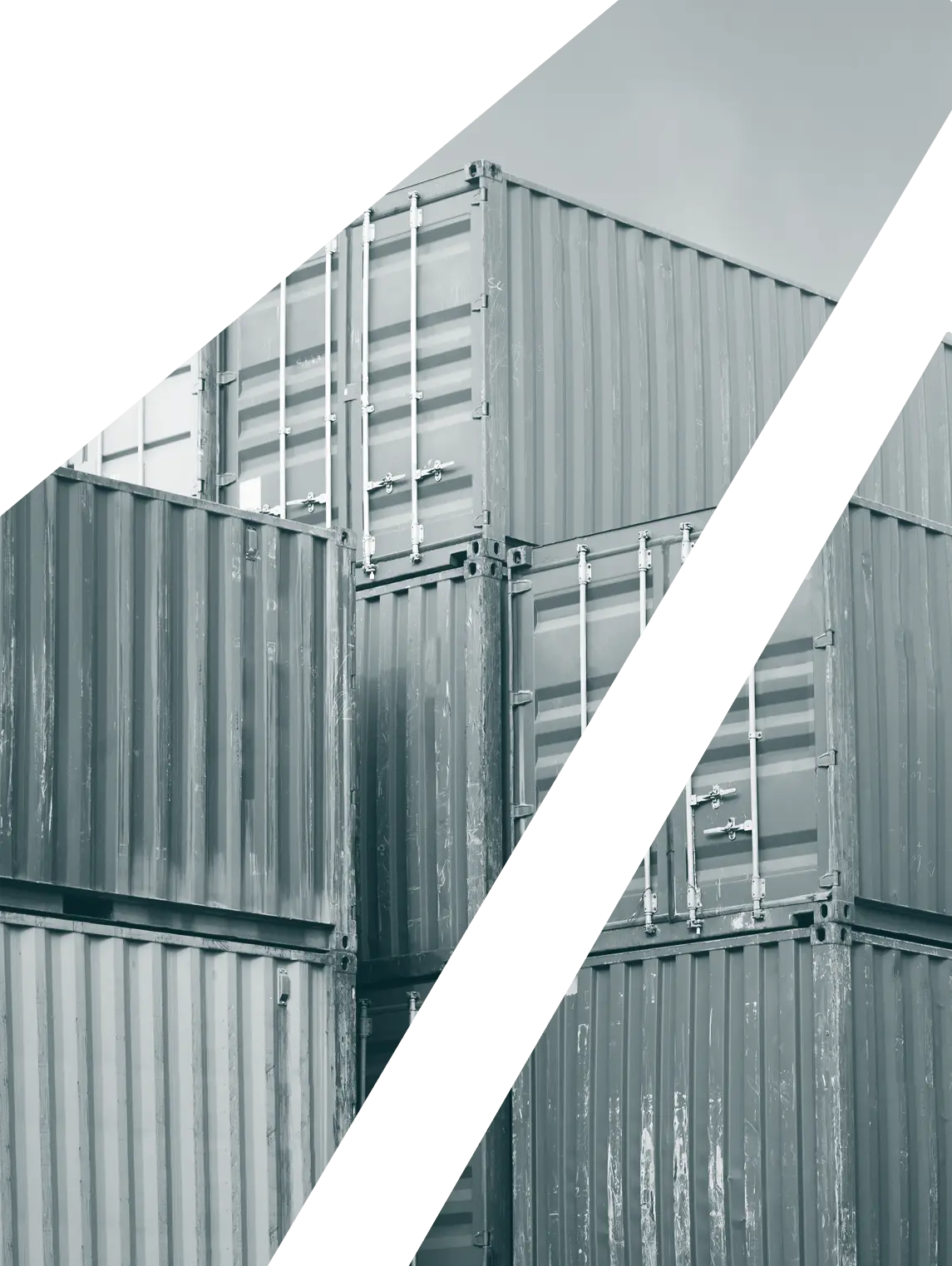 A geometric logo inspired shape filled with an image of shipping containers