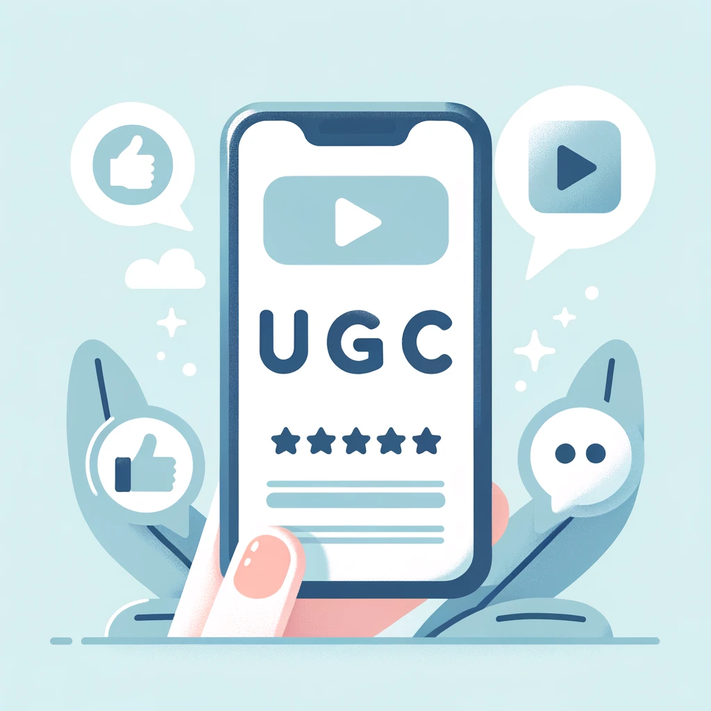 Minimalistic icons representing user-generated content (UGC) for MyStudio, including a smartphone, thumbs-up, video play button, and chat bubble.