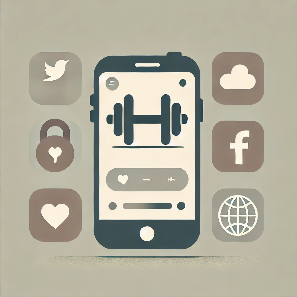 Minimalist digital illustration with muted colors featuring icons of a smartphone, barbell, and social media symbol, representing digital marketing strategies in the fitness industry on a soft, plain background.