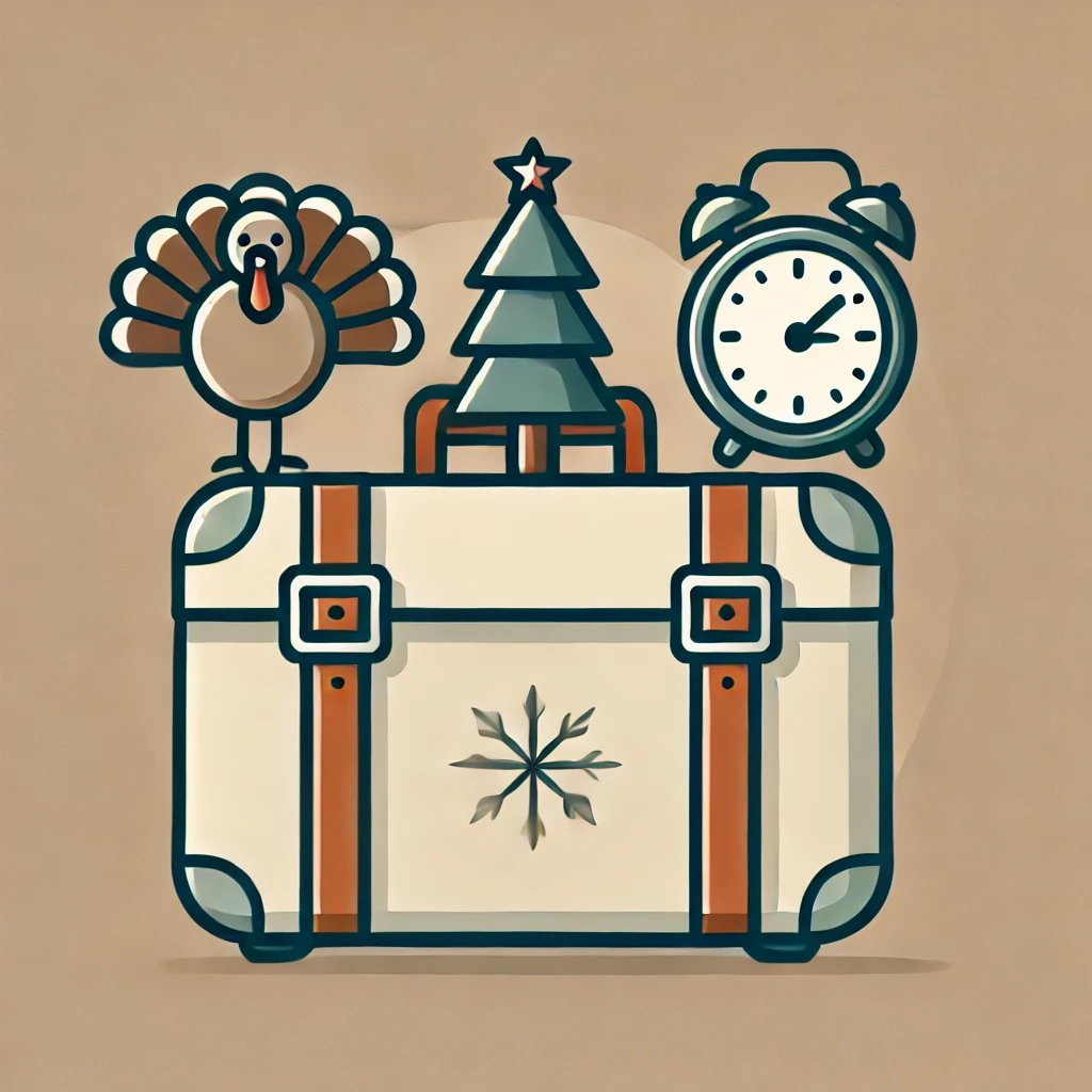 Icons representing Thanksgiving, Christmas, and New Year's in a suitcase, symbolizing seasonal marketing strategies to boost gym memberships year-round.
