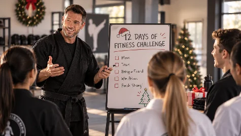 Martial arts instructor presenting a 12 Days of Fitness Challenge holiday promotion on a whiteboard to students in a decorated studio