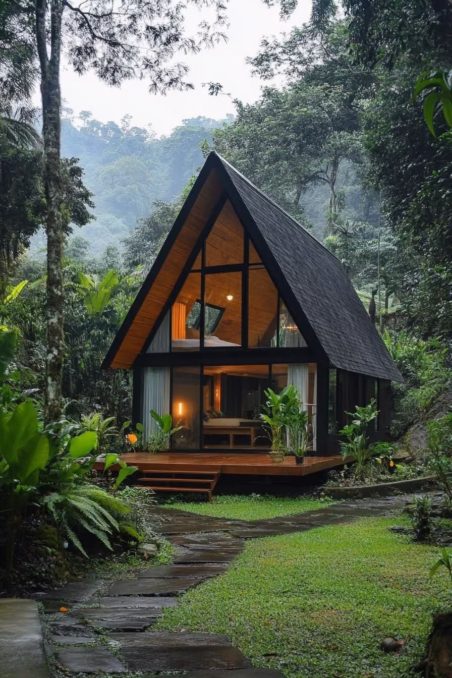 A cozy home deep in the woods, surondied by trees and bushes