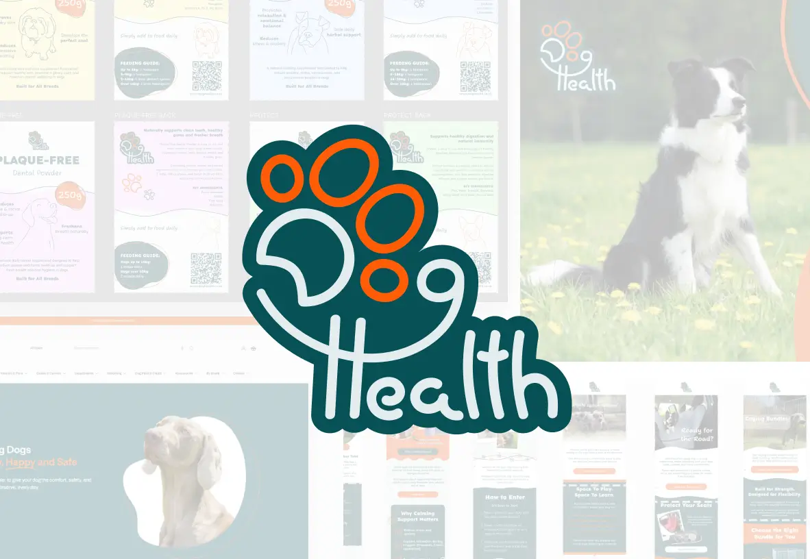 Dog Health logo over a collage of print, email and website work BAW created for the brand