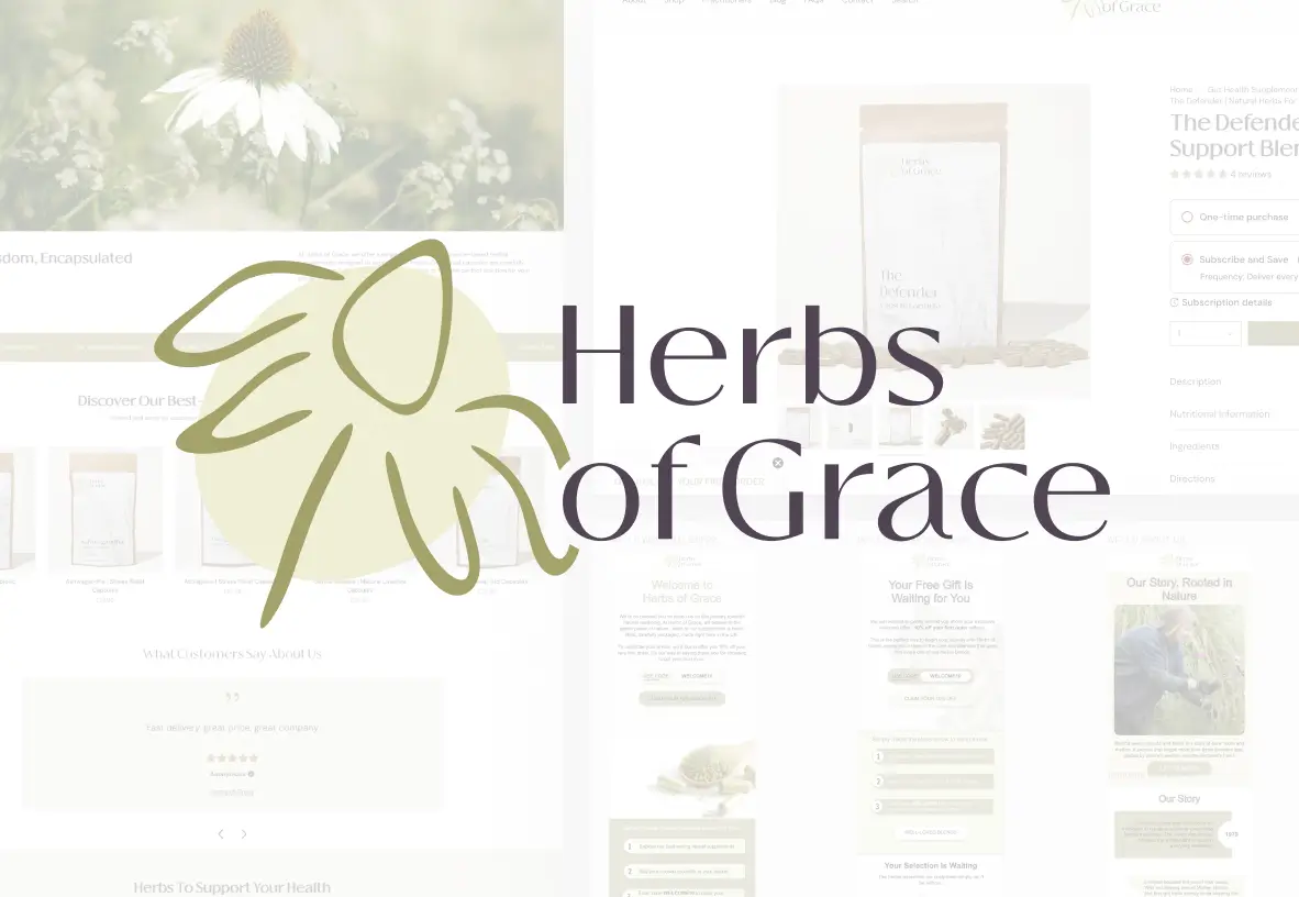 Herbs of Grace logo over a collage of website and email designs BAW created for the brand