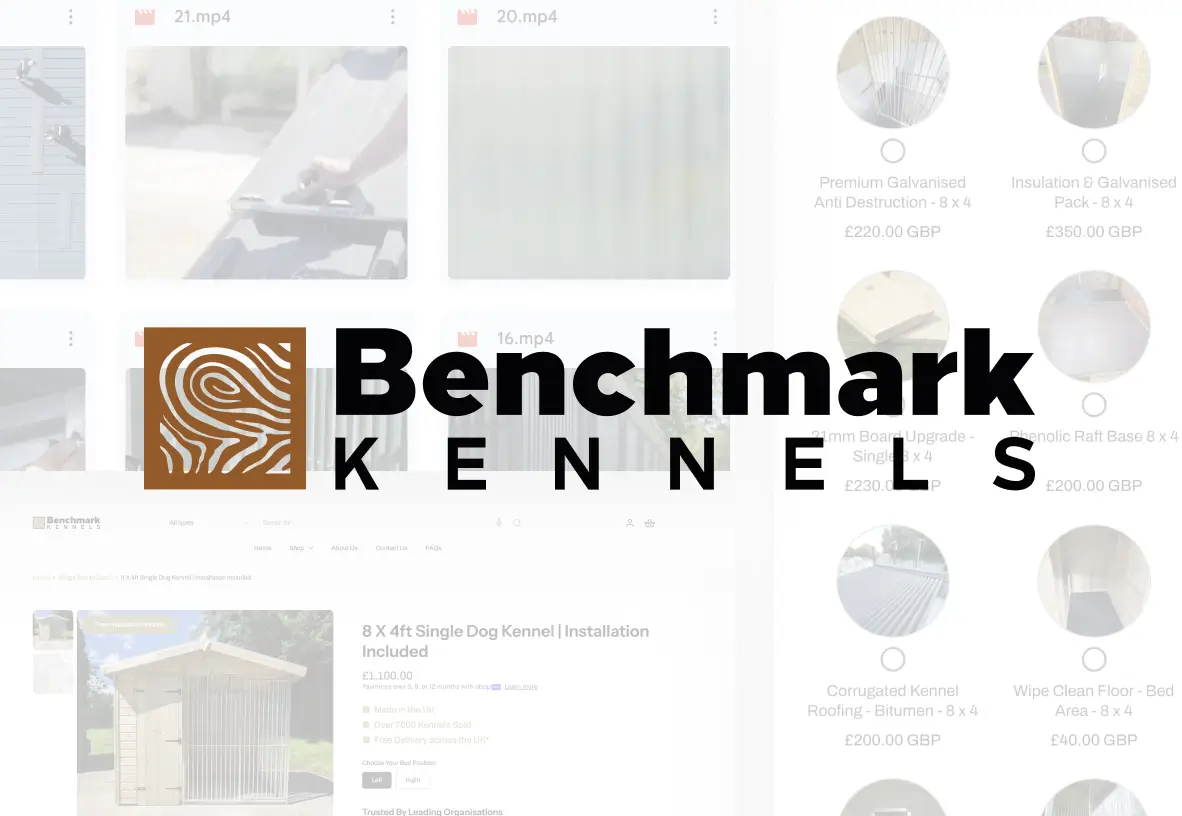 Benchmark Kennels logo over a collage of the online store and product pages BAW built for the brand