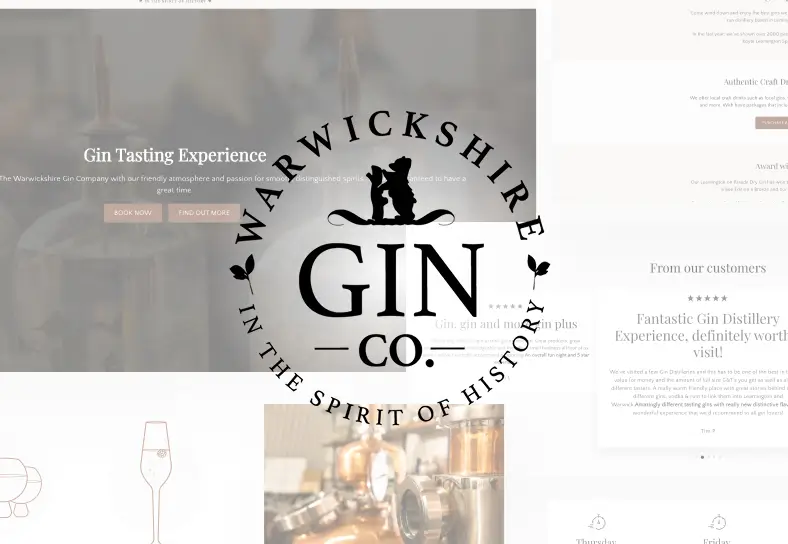 Warwickshire Gin Co. logo over a collage of website pages BAW designed for the distillery