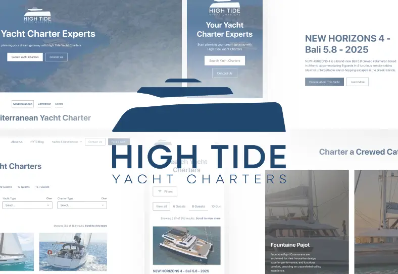 High Tide Yacht Charters logo over a collage of website pages BAW designed for the brand