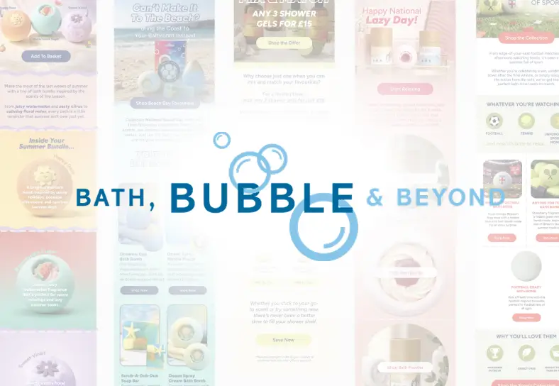 Bath, Bubble & Beyond logo over a collage of email campaigns BAW designed for the brand