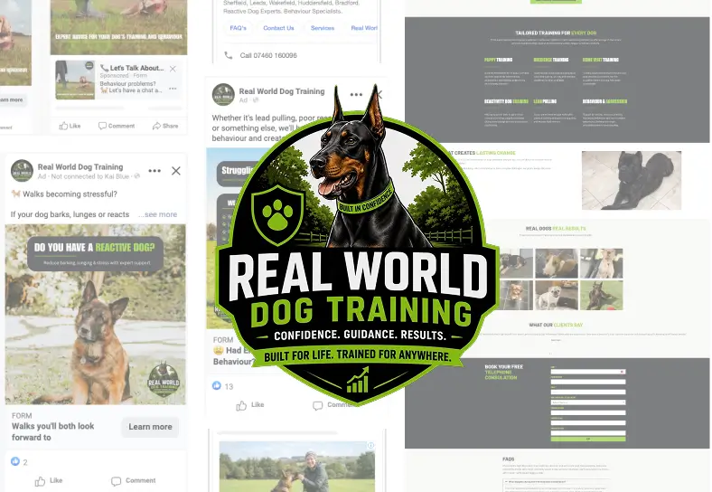 Real World Dog Training logo over a collage of Facebook ads and website pages BAW created