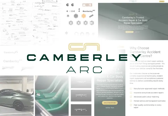 Camberley Arc logo over a collage of brand and website work for the accident repair centre