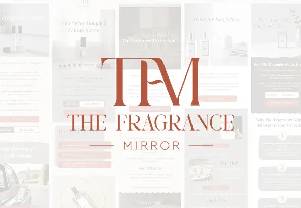 The Fragrance Mirror logo over a collage of email designs BAW created for the brand