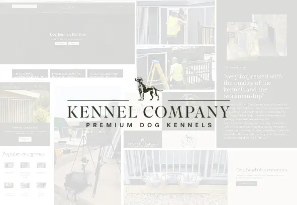 Kennel Company logo over a collage of website pages and photos from BAW's work with the brand