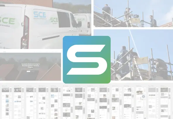 SCE logo over a collage of company vans, roofers at work and website pages