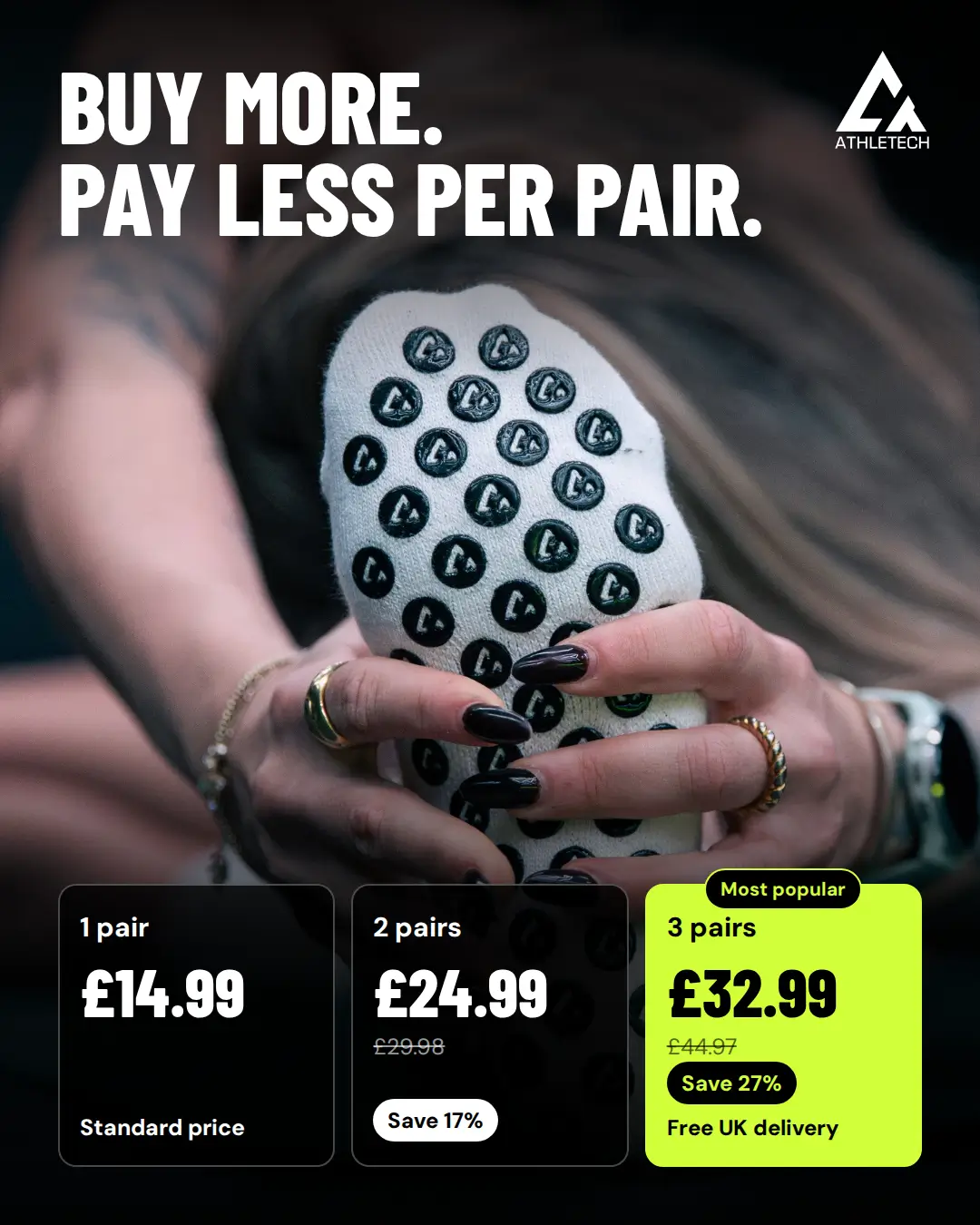 Athletech grip socks ad, Buy more. Pay less per pair, showing one, two and three pair bundle prices