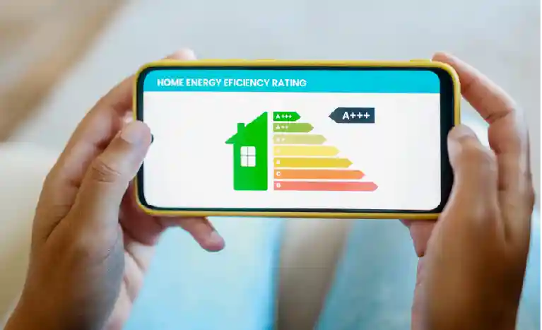 Graphic for a home energy rating displayed on a phone being held with two hands