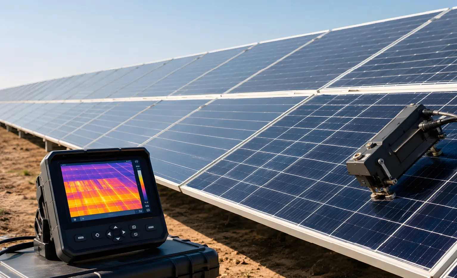 Thermal Testing Equipment next to a solar panel outside in sunlight.