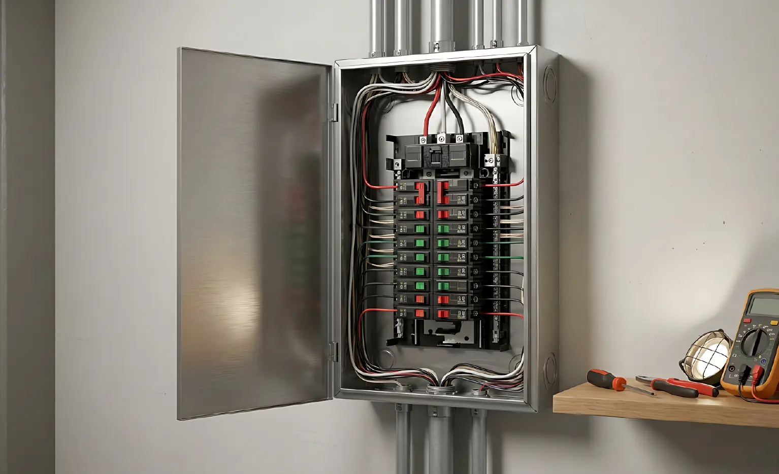 Open electrical panel, wires, and circuit breakers visible with tools nearby. 