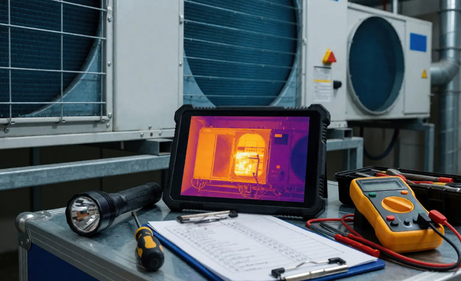 Tablet displaying a thermal image, next to an HVAC unit, tools, and a clipboard.